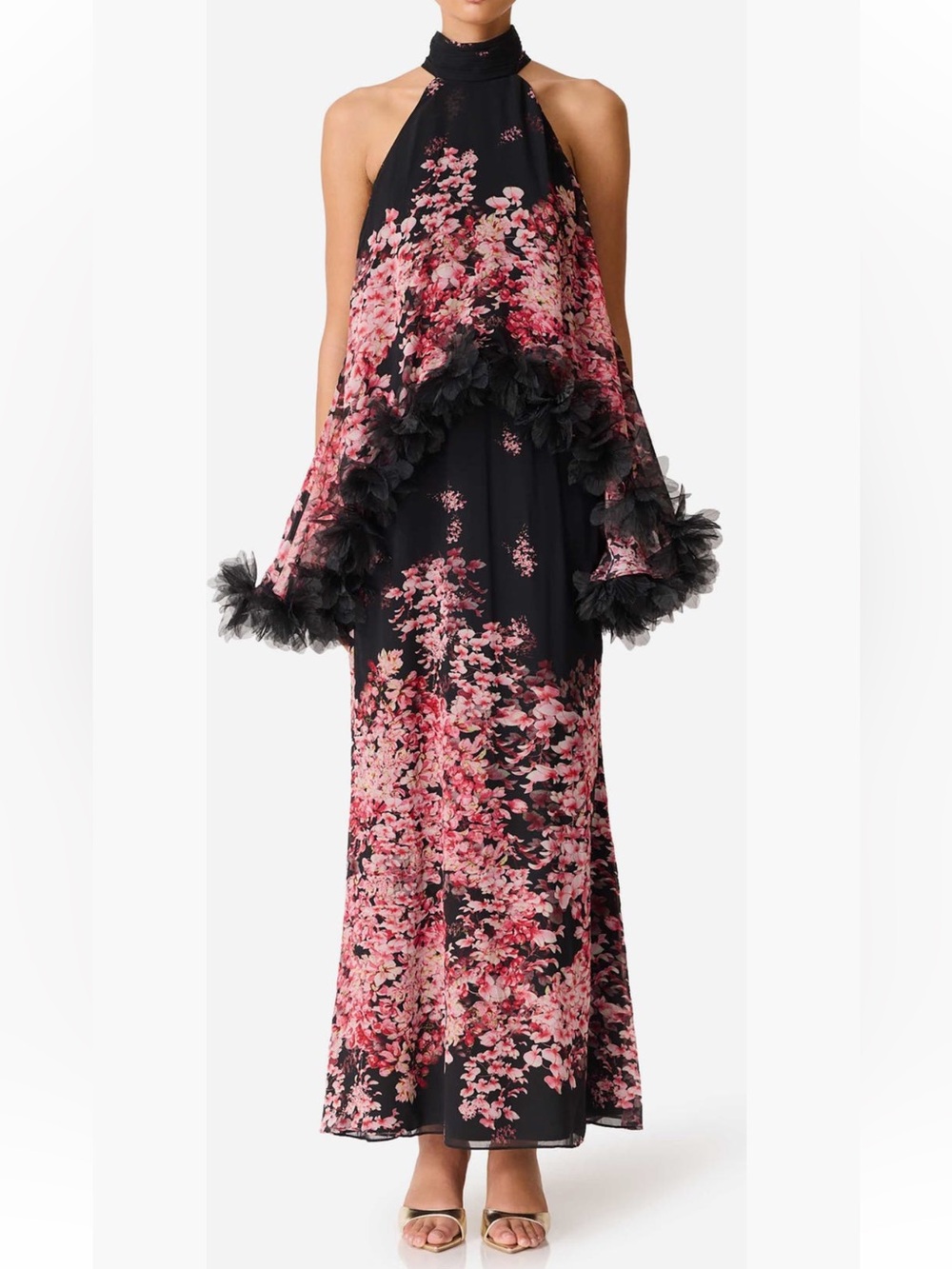 elliatt tulsia black pink 3d floral trim halter neck tiered maxi gown dress XS